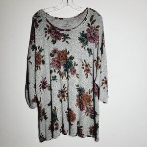 Torrid Super‎ Soft Plus Tunic Top Plus Size 4X Gray Floral 3/4 Sleeve Stretch